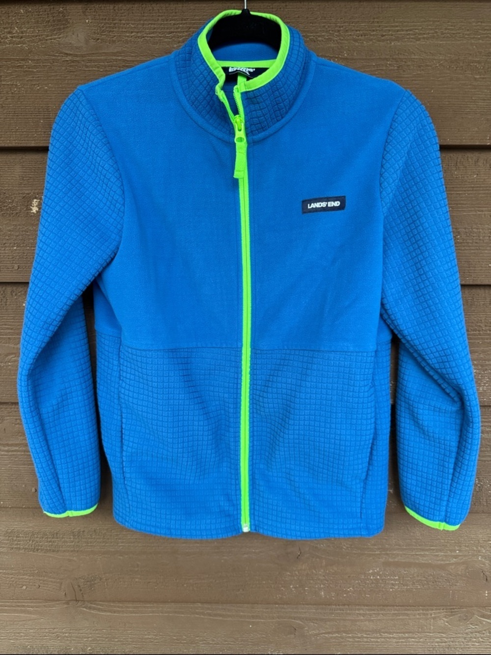 Lands' End Kids Electric Blue Fleece Jacket with Neon Green Trim size Large